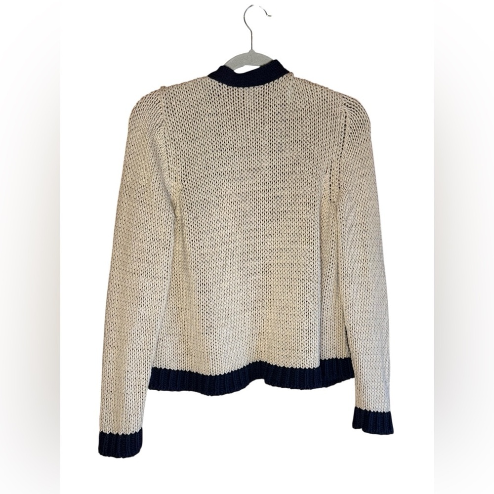Chicos Cable Chunky Knit Beige Navy Silver Chain Trim Cardigan Sweater Size 2 L - Picture 3 of 8